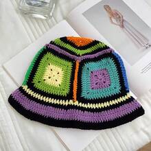 Women's Handmade Crochet Hollow Out Fisherman Hat Colorful Cute Color Block Korean Fashion Bucket Hat - 5 - 查看 4