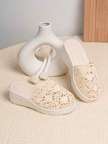 1双儿童/青少年闭趾编织镂空纹理休闲度假时尚凉鞋,适合沙滩穿着,女孩坡跟鞋底,生日礼物 - 杏色 - 查看 5