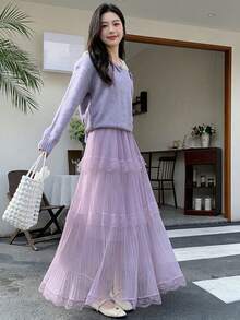 2026春夏新款高腰蕾丝网纱拼接褶裥A字裙，修身飘逸喇叭裙 - 淡紫色 - 查看 4