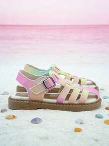 Dép xăng đan trẻ em cho bé gái, đế bằng, có thể điều chỉnh, size 3-12 tuổi, họa tiết Macaron, dệt chuyển màu, mũi kín, màu hồng, vàng, xanh lá cây, xanh dương, cầu vồng, thoáng khí, quai ngang mắt cá chân có khóa, đế chống trượt. - Nhiều màu - Xem 6