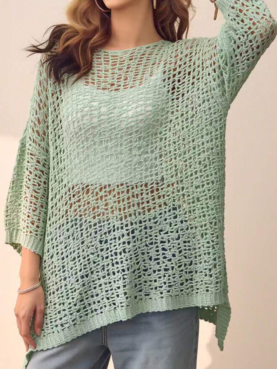 Áo len chui đầu dáng rộng casual màu trơn size lớn, áo dệt kim nữ size lớn thiết kế rỗng thời trang thanh lịch, mặc đi chơi, nghỉ dưỡng mùa hè - Xanh nhạt - Xem 1