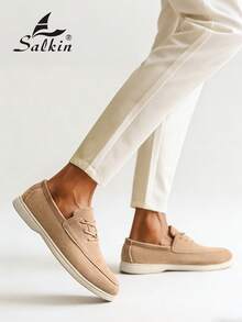 Salkin 男士時尚設計師樂福鞋 繫帶手工縫製 柔軟仿麂皮/純素皮革 內墊軟跟領 商務正裝鞋 男士莫卡辛鞋 日常辦公 婚禮派對 情侶約會 浪漫晚餐 節日禮物 學生休閒鞋 百搭款 建議選擇大一號 - 米色 - 查看 10