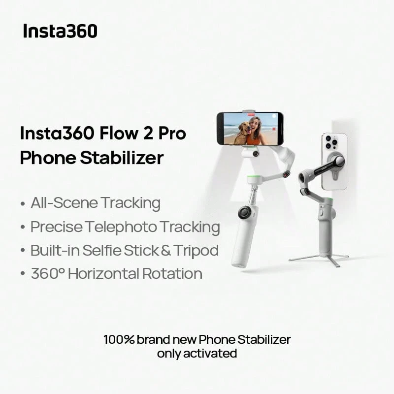 Insta360 The Flow 2 Pro Handheld Stabilizer Features A Built-In Selfie Stick And Tripod, Is Easy To Use, Portable And Foldable, And Uses Three-Axis Stabilization Technology To Eliminate Camera Shake. It Also Boasts Long Battery Life (Brand New, Activated Only). - Multicolor - View 1