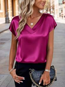 纯色V领系带袖女士缎面T恤，春夏真丝衬衫，沙滩度假短袖，商务休闲派对必备单品，母亲节礼物，尺码S-XXL - 玫紅色 - 查看 5