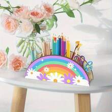 彩虹雏菊半圆形木质笔筒 | 少女风桌面文具收纳盒 - A - 查看 7