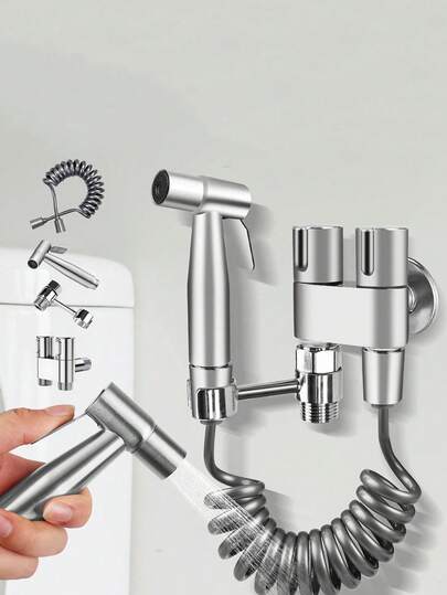 6 pièces Ensemble de pistolet à main mural - Comprend : Pistolet à pulvériser en acier inoxydable 304, Vanne de contrôle double en laiton, Support rotatif, Ruban PTFE, Tuyau flexible. Convient pour les toilettes/salles de bains/lavabos ; Idéal pour le nettoyage de la maison, le jardinage et le lavage des animaux de compagnie