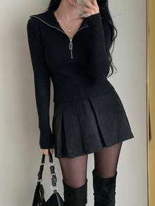 Women's Winter Casual Ribbed Knit Sweater, Half-Zip High Neck, Slim Fit, Long Sleeve, Black Elegant Versatile Everyday Pullover Top - Black - View 3