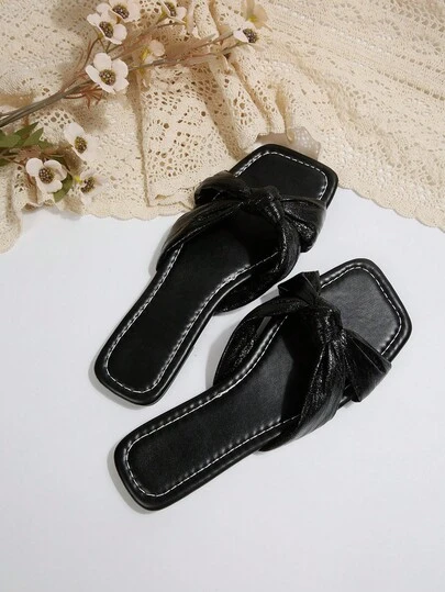 High-End Glossy Black Knot Square-Toe Flat Heel Women's Outdoor Slide Sandals