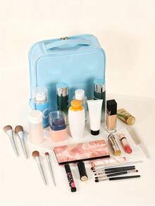 Large Capacity Vertical PU Makeup Bag, Portable Cosmetic Storage Organizer With Wide Opening, Travel Toiletry Pouch - Multicolor - View 9