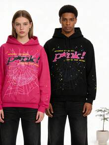 2-Piece Hoodie Set Y2k Hoodies, Men's Hip Hop Spider WebPattern, Graphic Alphabet Print HarajukuVintage Hoodie, Punk Rock Style, LongSleeve Street Wear Top For Both Men AndWomen Oversized Hoodies - Đen + Đỏ hồng - Xem 4