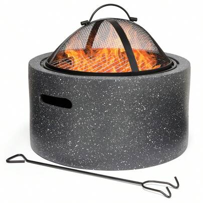 Fire Pit – 2 In 1 Firepit With BBQ Cooking Grill For Outdoor, Garden, Patio – MgO Material, Stone Effect Finish, Fire Poker & Mesh Cover Included, Carry Handles – Use Wood Or Charcoal To Fuel