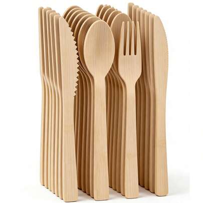 Zestaw sztućców bambusowych 3/10/25/50/75/150 szt., widelec i łyżka do sałatki, wielokrotnego użytku sztućce na wynos, kompostowalne, idealne na przyjęcia urodzinowe, wesele, Dzień Matki
