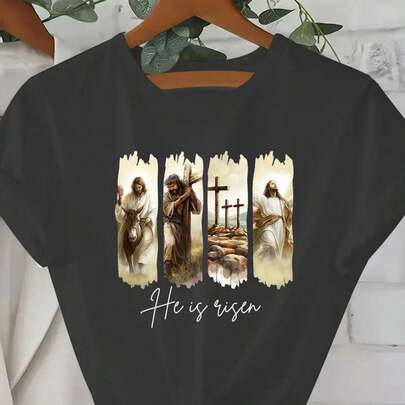 Women's  T-Shirt - Religion: The Resurrection of Jesus Crucifixion Printed Tee, Round Neck Short Sleeve Comfortable Breathable Casual Sports Autumn Top, Holiday Gifts, Local Depot, Soft , Enjoy Discounts, Perfect for Easter, Halloween, Thanksgiving, Christmas, and More