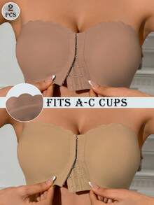 2pcs Front Closure Bandeau Bras, Upgraded Non-Slip Lining Wireless Seamless Bras, Suitable For A-C Cup Women - Multicolor - View 2