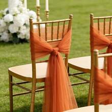 Set de 16 piezas Faja romántica para silla de boda, decoración de moño de tela de gasa larga, 20*275cm/7.8*108in, decoración para pasillo de boda, ceremonia, salón de banquetes, iglesia, fiesta, restaurante, decoración al aire libre - Naranja Quemada - Ver 3