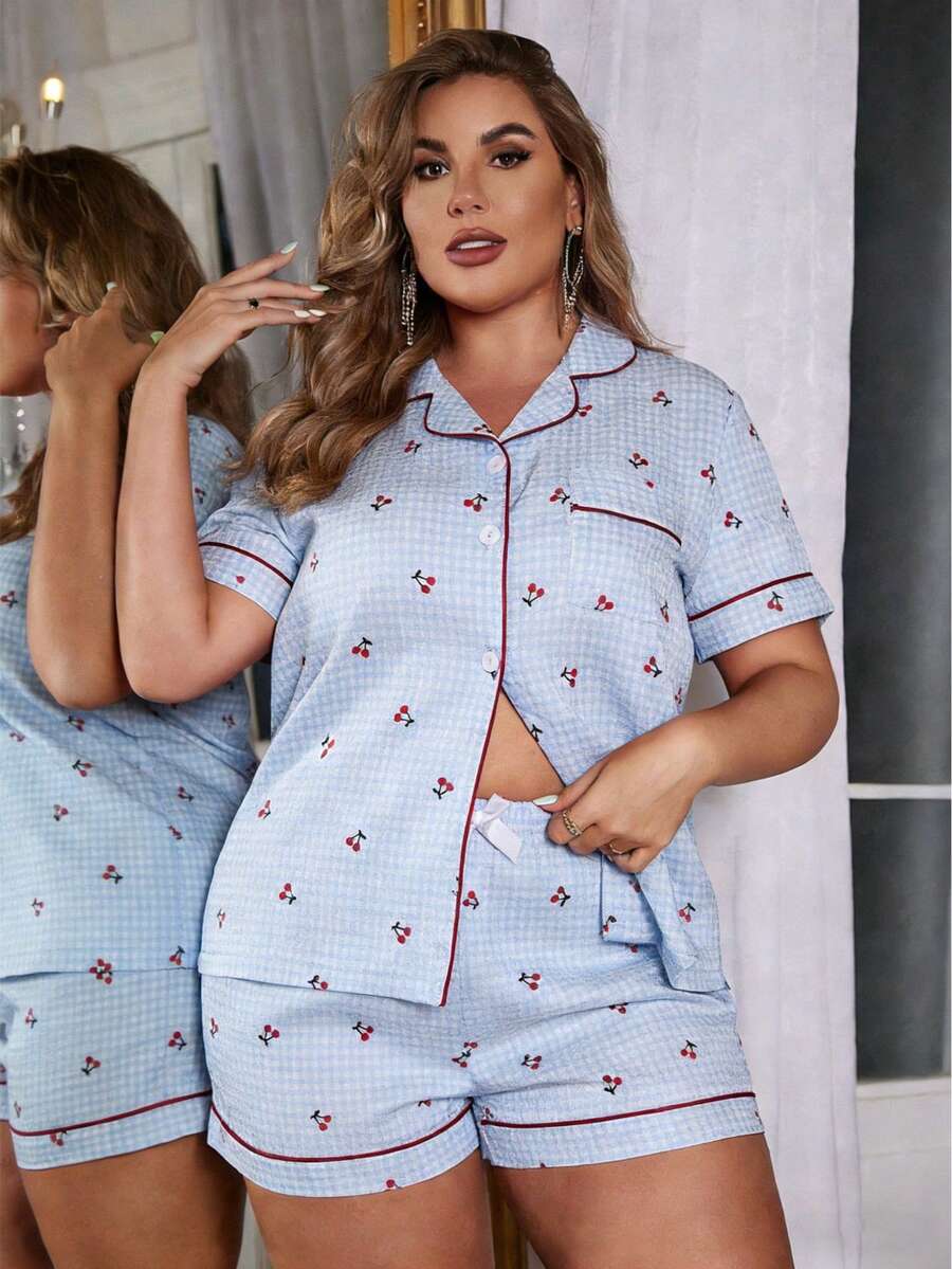 大码女式花卉樱桃印花针织开衫，带领和口袋，休闲舒适短袖上衣和短裤两件套家居服套装，适合春夏季 - 藍色 - 查看 1