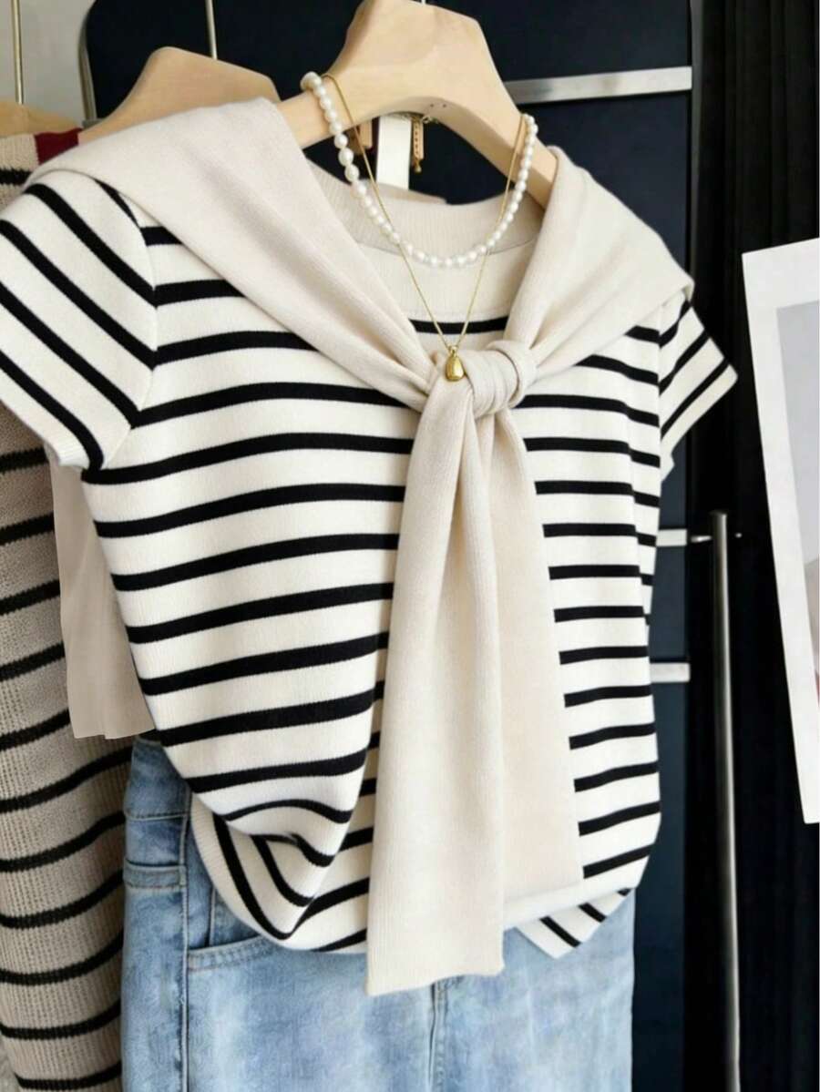 Plus Size Striped Contrast Color Round Neck Casual Fashion Poncho Knit Short Sleeve Top White Summer - White - View 1