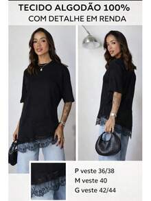 Women's Viscose/Lycra T-Shirt With Lace - 黑色 - 查看 3