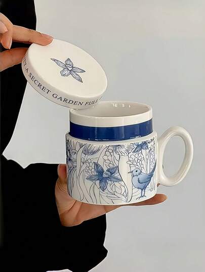 1 adet El Boyaması Mavi Beyaz Kedi ve Kuş Desenli Kapaklı Seramik Kupa, Fransız Mavi Beyaz Kedi Desenli Latte/Kahve Kupası, Retro Mavi Beyaz Kedi Desenli Süt/Meyve Suyu Kupası, Restoran, Oturma Odası, Kafe İçin Uygundur