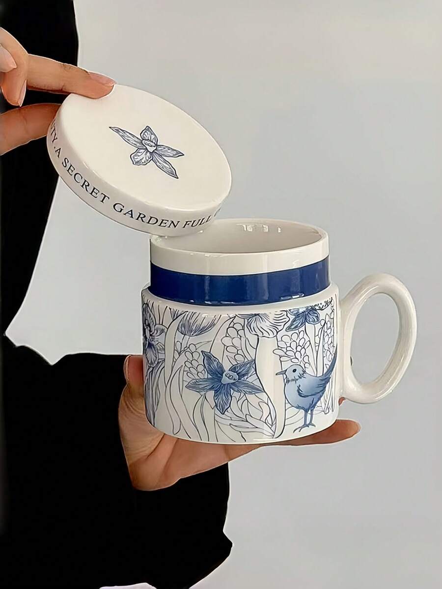 1 pièce Tasse en céramique peinte à la main avec couvercle, chat bleu et blanc et oiseau. Tasse à café/latte bleue et blanche de style français avec couvercle. Tasse à lait/jus bleue et blanche rétro. Convient pour restaurant, salon, café - Multicolore - Voir 1