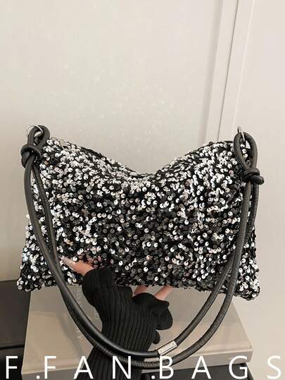 New Fashionable Casual Sequin Shoulder Bag, Personalized Minimalist Chic Large Capacity Crossbody Baguette Bag