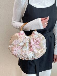 Women's Exquisite Floral Embroidery Sequin Cloud Bag, Vintage Chinese Style, Luxury Handbag, Elegant Evening Bag - Beige - View 4