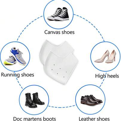1 đôi miếng bảo vệ gót chân bằng silicon, thoáng khí và giữ ẩm, mềm mại và co giãn, phù hợp với nhiều loại giày.