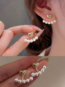 一对心形珍珠耳环，送给女朋友或闺蜜的礼物 - 白色 - 查看 1
