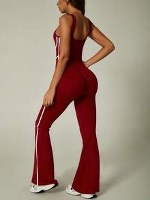 NcmRyu 1pc Women Striped Contrast Color Round Neck Jumpsuit Sports - Red - View 8