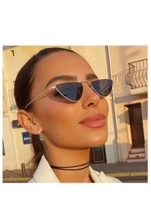 1副女士复古猫眼时尚眼镜，金属镜框嘻哈风格，适合日常、旅行、派对等场合 - 灰色 - 查看 1