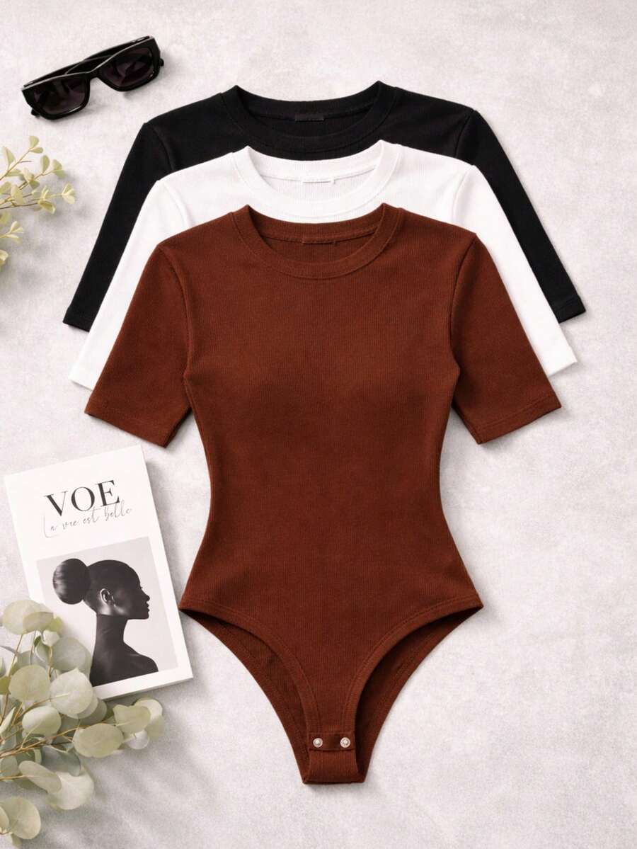 Set Of 3 Boris Bory Short-Sleeved Crew Neck Bodysuits For Women, Basic Style. - Brown, Black, and White - View 1
