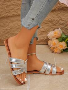 Sandal nữ bằng da PU màu trơn kẻ sọc, kiểu dáng khoét lỗ, thích hợp cho mùa xuân/thu đi biển và mặc ở nhà. - Bạc - Xem 2