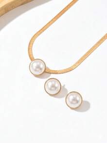 3pcs Elegant Creative Necklace + Earrings Jewelry Set, Fashionable Personalized Metal Geometric Circle Pendant Necklace With Acrylic Bicolor Design, Versatile For Daily, Festival, Party Occasions - White - View 3