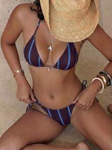 Bộ bikini dự tiệc hở lưng, dây mảnh, có đệm mềm mại, họa tiết sọc kim loại, trang trí mặt dây chuyền, thích hợp cho mùa hè đi biển và nghỉ mát, dành cho nữ giới. - Bánh bao mận - Xem 9