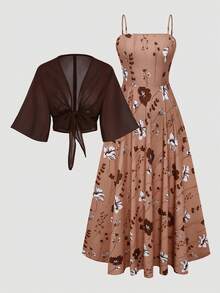 2 Pieces Women's Floral Chiffon Dress & Elegant Romantic Date Outfit Summer Spring - Coffee Brown - View 10