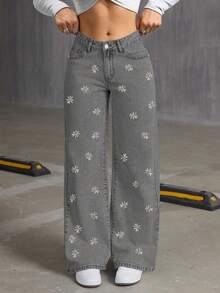 Quần ống rộng dáng suông, chất liệu denim màu xám bạc cổ điển, thêu hoa, thích hợp cho mùa xuân/hè. - Xám - Xem 4