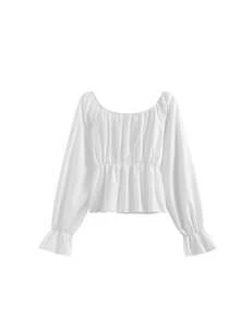 Korean Style Versatile Solid Color Chiffon Blouse, Square Collar Puff Sleeve Design, Cinched Waist Long Sleeve Elegant Top White - White - View 5