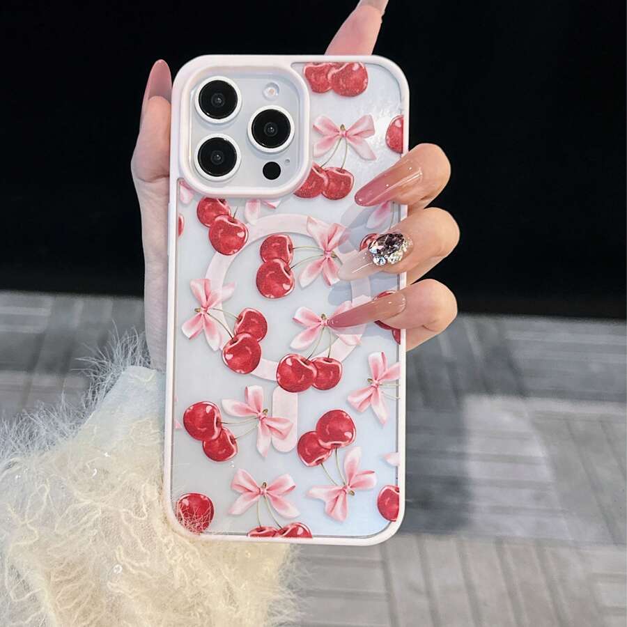 1个粉色蝴蝶樱花图案亚克力磁吸手机壳，防黄变，大摄像头孔，TPU软边硬壳，兼容 17 Air/16 Pro Max/16 Pro/16 Plus/16/15/14/13/12/11/XSM/XS/XR/7/8 - 粉色 - 查看 1