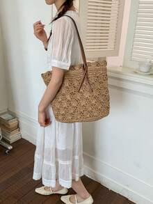 Túi tote bằng rơm tự nhiên, họa tiết vỏ sò 3D, quai đeo bằng da PU màu nâu, có thể đeo vai hoặc xách tay, khóa nam châm 2 trong 1, kiểu dáng Pháp, thích hợp cho nữ đi nghỉ mát, du lịch mùa xuân/hè, nghỉ mát biển, đi làm hàng ngày. - Màu Khaki - Xem 5