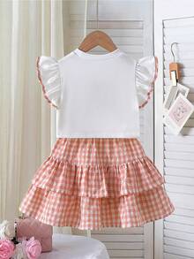 Toddler Girls' Summer Sleeveless Ruffle Trim Bow Decor Top & Plaid Ruffle Hem Skirt Elegant 2-Piece Set - Pink - View 2