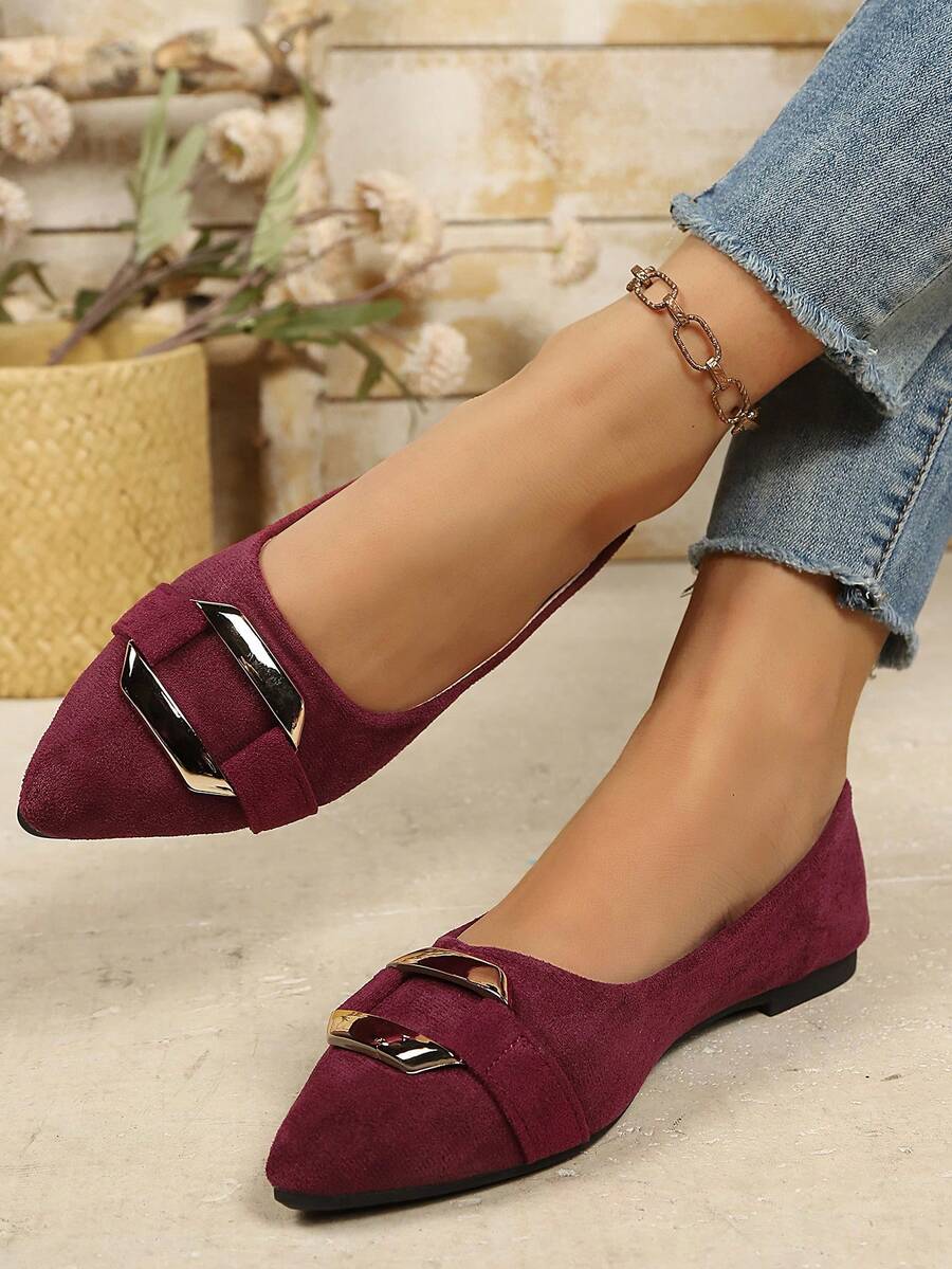 新款女士平底鞋，纯色，时尚，优雅，休闲，适合派对、办公室、居家、户外等场合，春、夏、秋季皆宜，蓝色，舒适，休闲布面鞋 - 酒紅色 - 查看 1