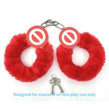 1 Pcs Party Stainless Steel Plush Handcuff Fuzzy Handcuffs Halloween Cosplay Props - 紅色 - 查看 1
