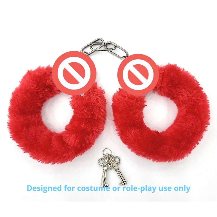 1 Pcs Party Stainless Steel Plush Handcuff Fuzzy Handcuffs Halloween Cosplay Props - 紅色 - 查看 1