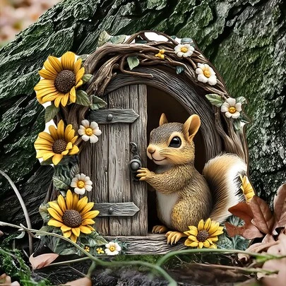 1/4件创意精灵屋木制悬挂装饰品，带有刺猬、松鼠和浣熊图案；适用于花园、庭院、树干、树根和盆栽植物装饰；一份有趣的礼物。