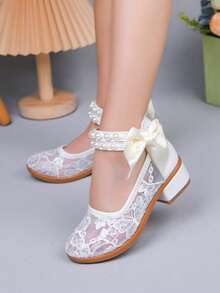 1 par de nuevos zapatos de tacón alto de malla con flores para niñas, con decoración de lazo de perlas dobles, estilo princesa, adecuados para actuaciones y atuendos de fiesta - Blanco - Ver 5