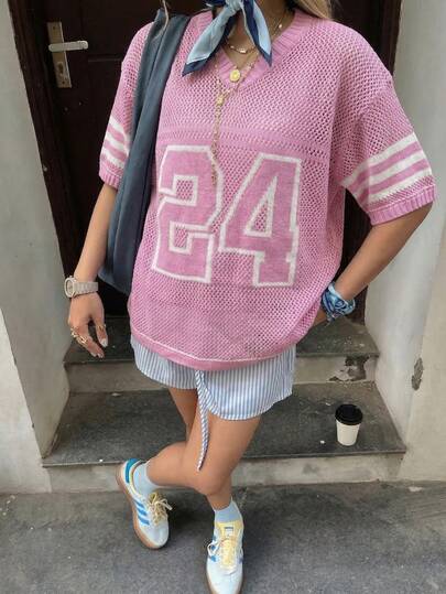 女士网眼半透明舒适休闲V领短袖T恤，针织上衣，街头风百搭，适合运动、通勤、约会、购物、度假，粉色毛衣