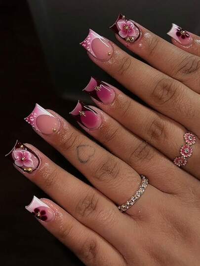 24片短方形渐变粉色花朵3D星空亚克力按压式美甲贴片，带金色珠子，Y2K可爱风格，易于粘贴和佩戴，是女孩和女士的理想美甲贴纸，包含1片果冻胶和1个指甲锉。