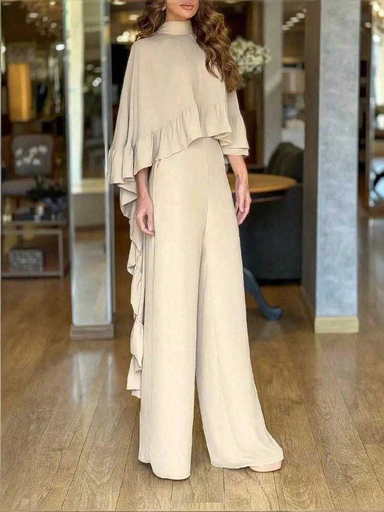 Elegant Summer Women's 2 Pieces Set (Excluding Underwear Top), Casual Loose Long Ruffle Hem Blouse Shirt Paired With Elastic Waist Pants Set, Suitable For Vacation, Birthday, Daily Outing, Sun Protection Spring - Apricot - View 2