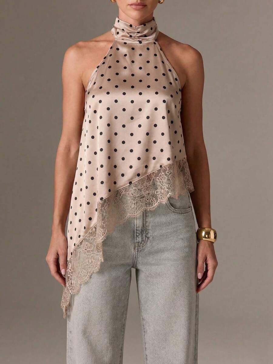女士优雅波点无袖缎面吊带上衣，采用波点印花和不对称蕾丝饰边细节，性感露肩无袖设计，适合约会、度假、音乐会和节日穿着。 - 摩卡棕 - 查看 1
