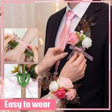 Pcs Rose Corsage And Boutonniere Set Ties And Pocket Square For Men Wristlet Band Bracelet Wedding Accessories - 粉色 - 查看 5